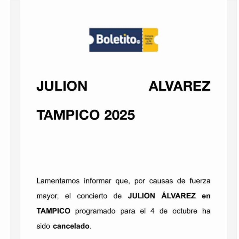 EVENTO CANCELADO JULIÓN ÁLVAREZ TAMPICO 2025