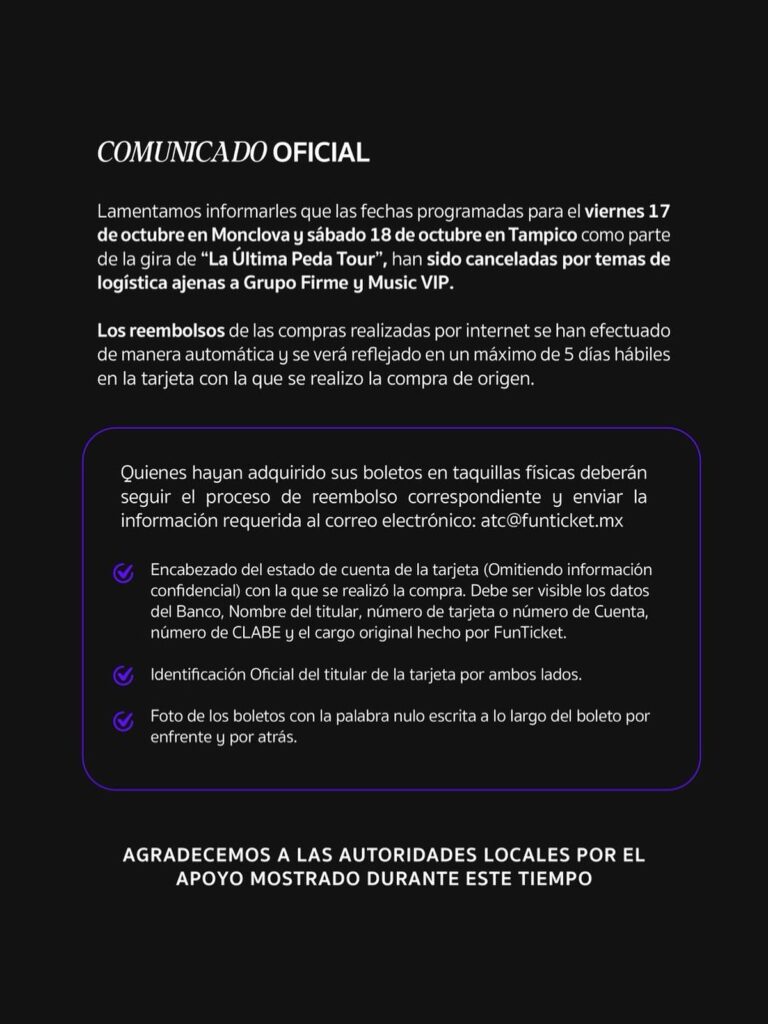 EVENTO CANCELADO GRUPO FIRME EN TAMPICO Y MONCLOVA 2025