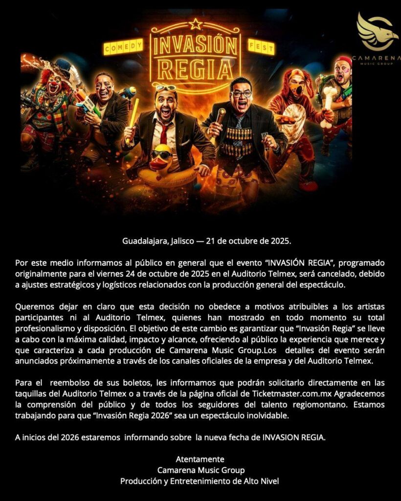 EVENTO CANCELADO INVASIÓN REGIA COMEDY FEST EN GUADALAJARA 2025