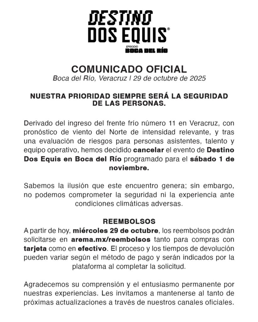 EVENTO CANCELADO DOS EQUIS EN BOCA DEL RÍO 2025