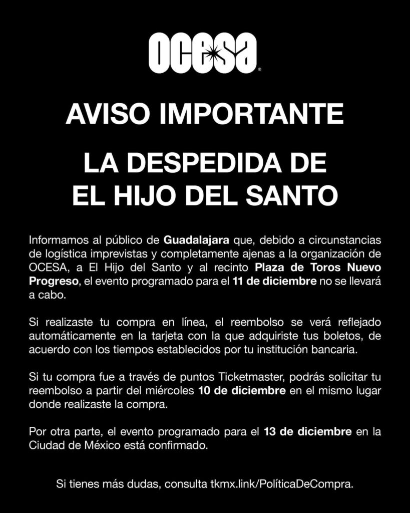 EVENTO CANCELADO EL HIJO DEL SANTO GUADALAJARA 2025 PLAZA DE TOROS NUEVO PROGRESO