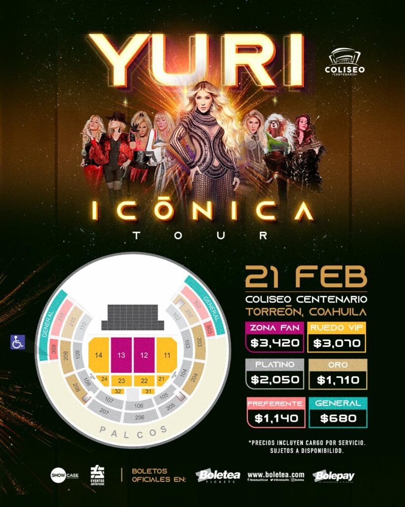 MAPA DE PRECIOS YURI TORREÓN COLISEO CENTENARIO 2026