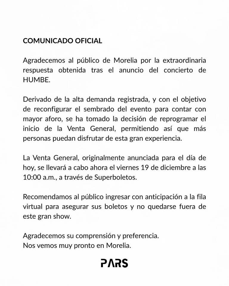 COMUNICADO NUEVA FECHA DE VENTA HUMBE EN MORELIA 2026