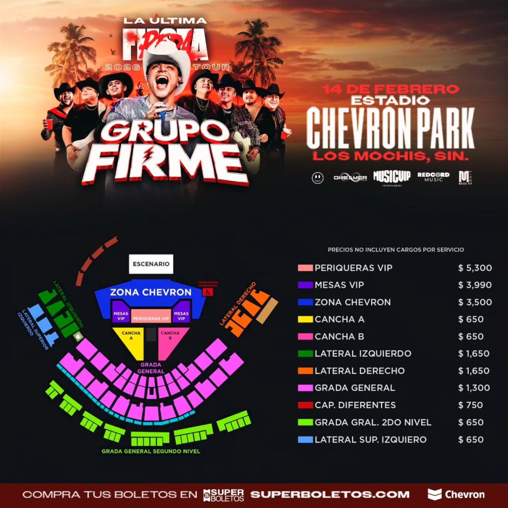 MAPA DE PRECIOS GRUPO FIRME LOS MOCHIS 2026 ESTADIO CHEVRON PARK