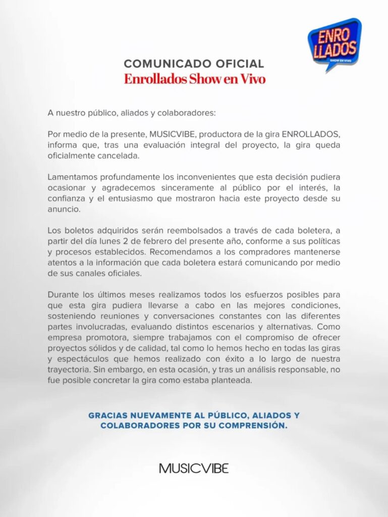 EVENTO CANCELADO ENROLLADOS GIRA MEXICO 2026