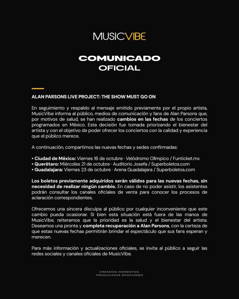 NUEVA FECHA ALAN PARSONS GUADALAJARA 2026 ARENA GUADALAJARA