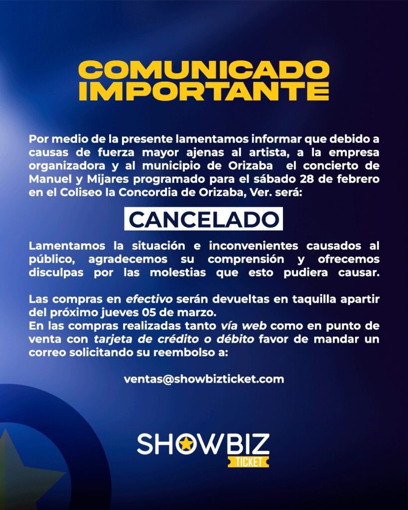 EVENTO CANCELADO EMMANUEL Y MIJARES ORIZABA 2026 COLISEO LA CONCORDIA