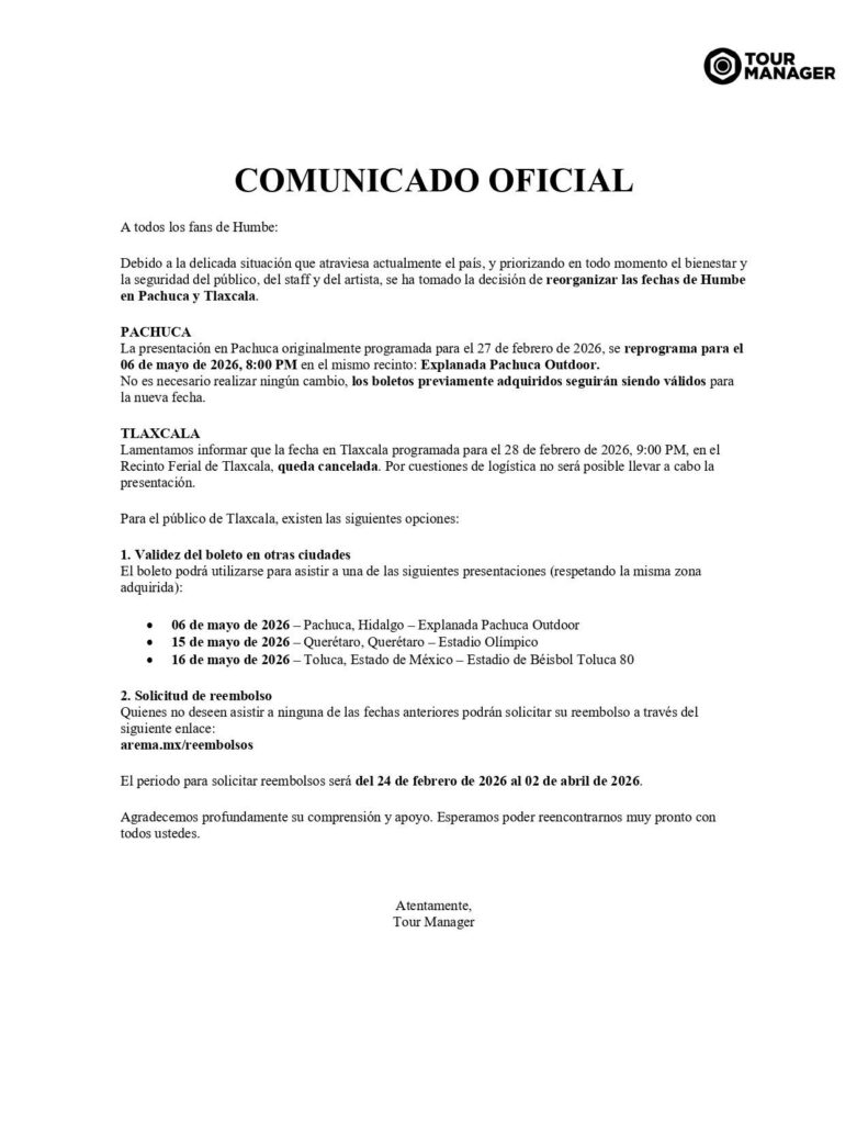 COMUNICADO HUMBE CANCELACION Y CAMBIO DE FECHA
