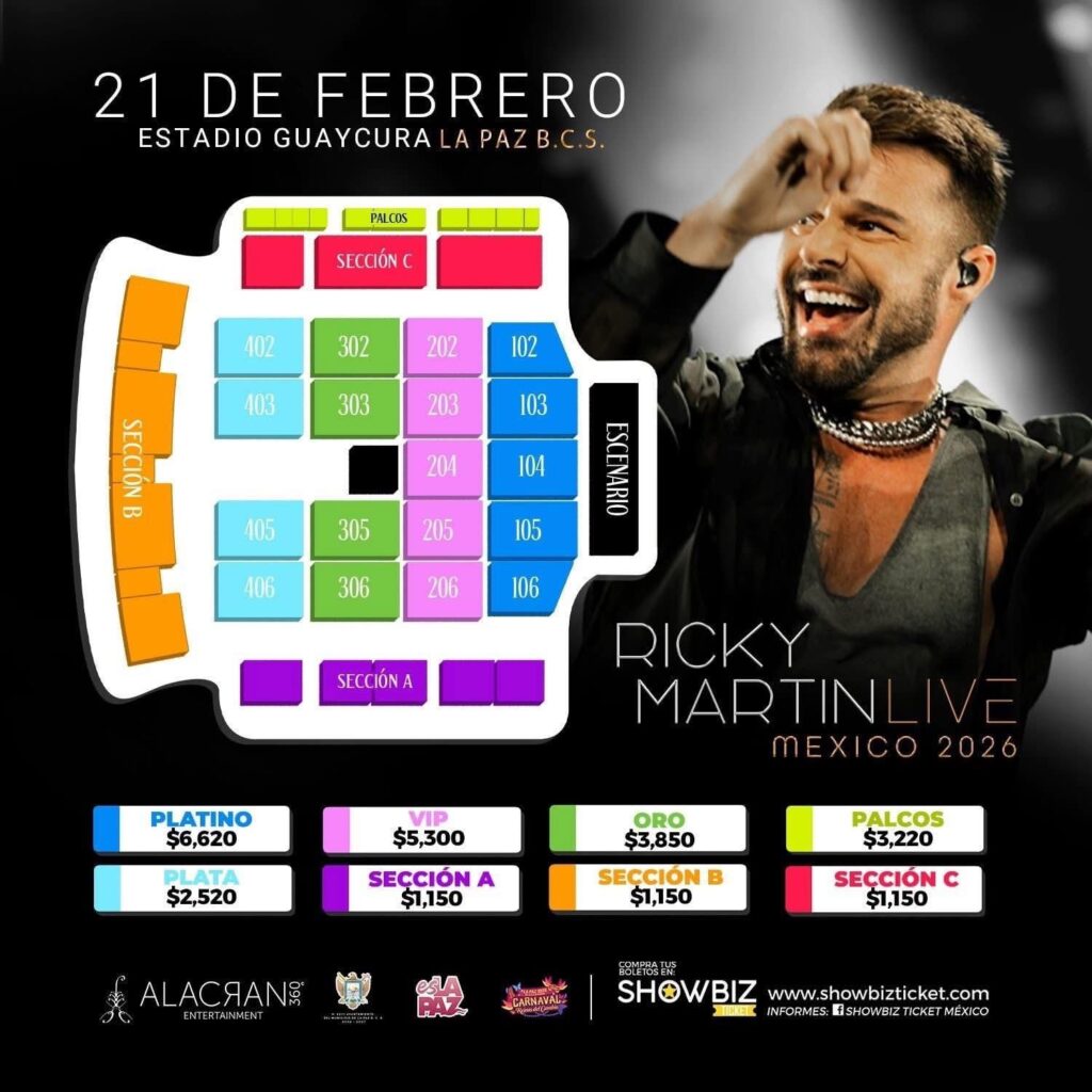 MAPA DE PRECIOS RICKY MARTIN CARNAVAL LA PAZ 2026 ESTADIO GUAYCURA