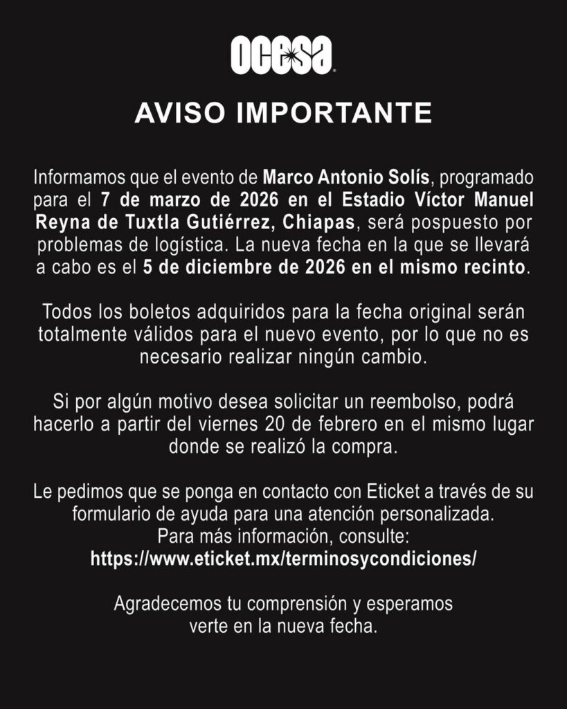 NUEVA FECHA MARCO ANTONIO SOLÍS TUXTLA GUTIÉRREZ 2026 ESTADIO VÍCTOR MANUEL REYNA