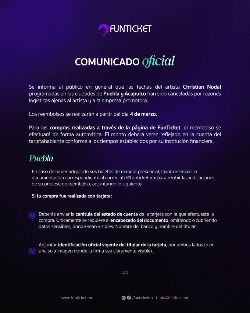 EVENTO CANCELADO CHRISTIAN NODAL PUEBLA Y ACAPULCO 2026