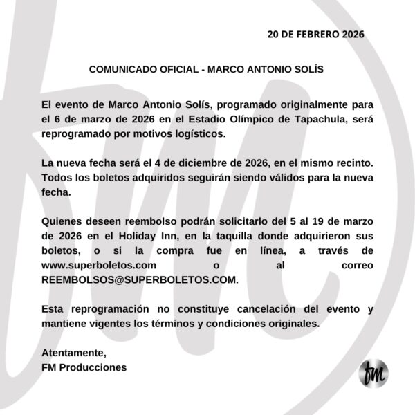 NUEVA FECHA MARCO ANTONIO SOLÍS TAPACHULA 2026 ESTADIO OLÍMPICO