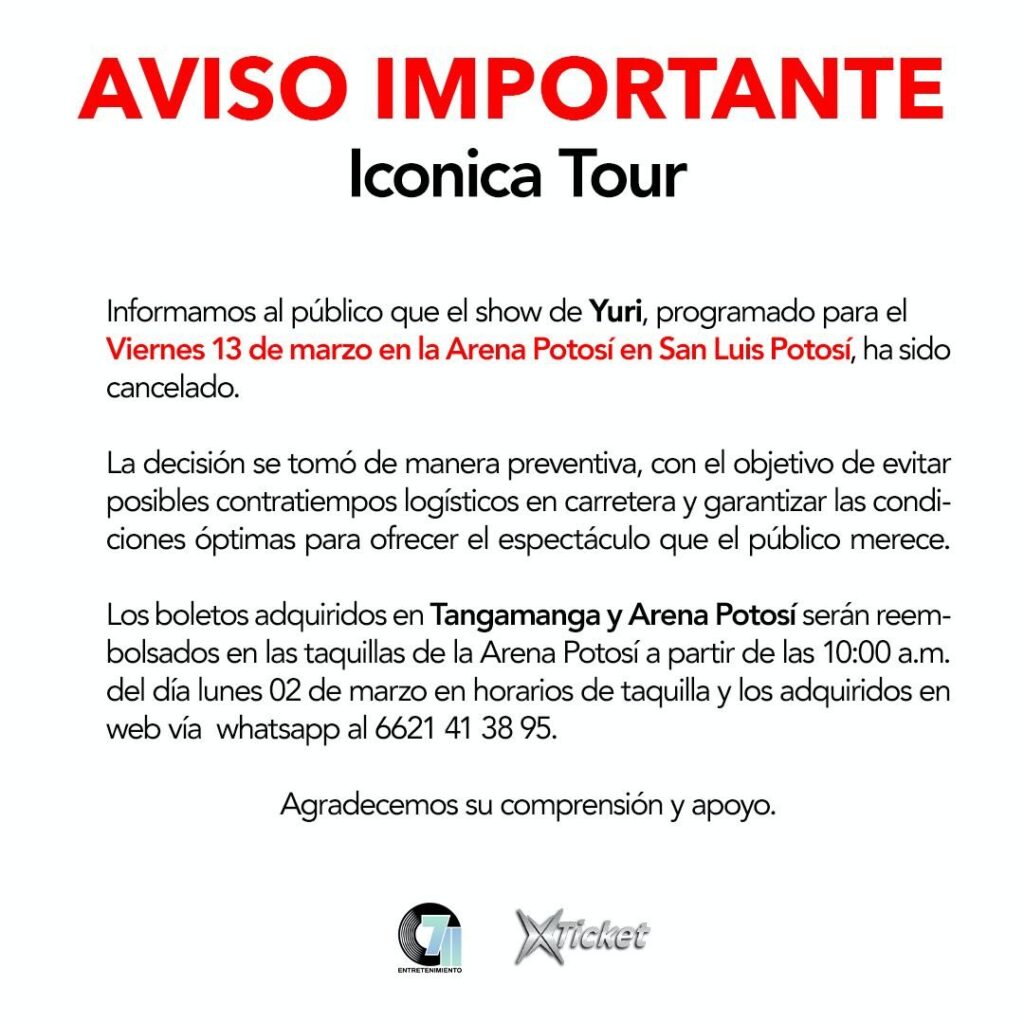 EVENTO CANCELADO YURI SAN LUIS POTOSÍ 2026 ARENA POTOSÍ