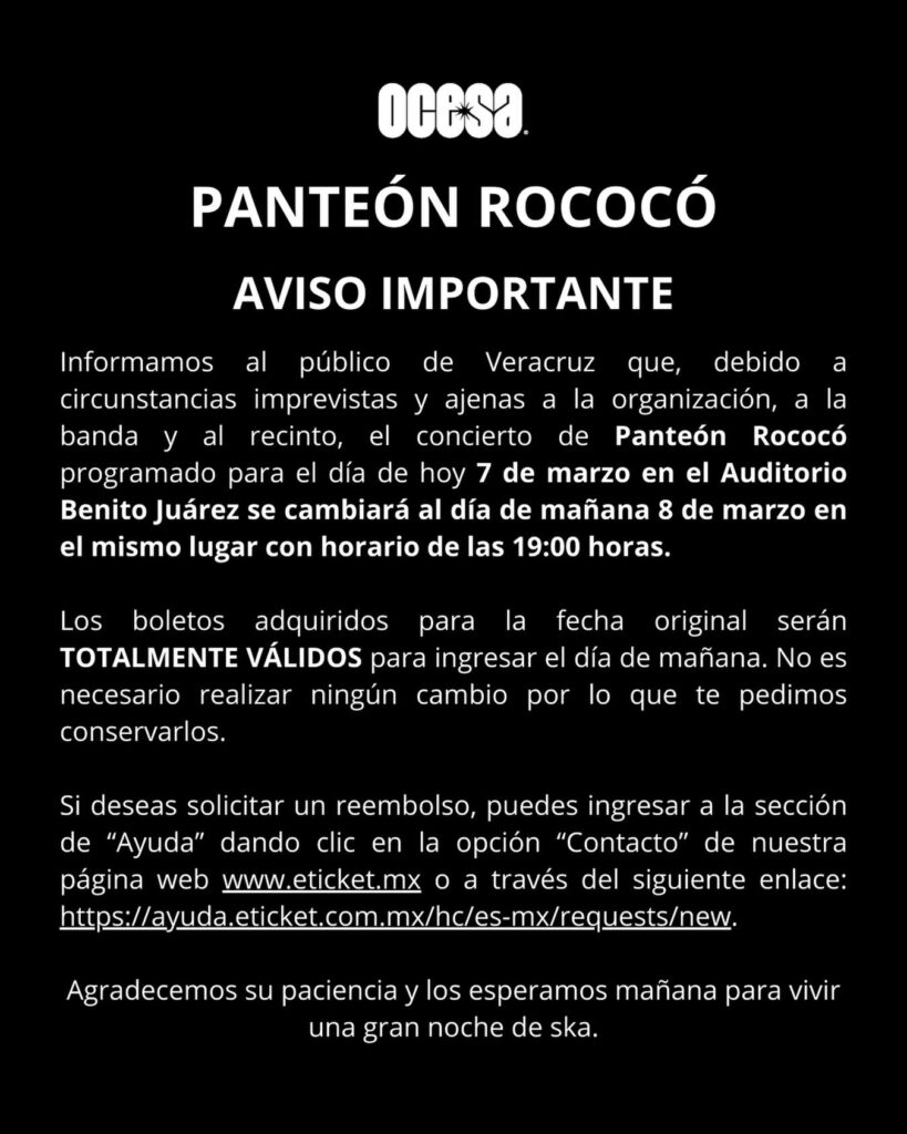 NUEVA FECHA PANTEÓN ROCOCÓ VERACRUZ 2026 AUDITORIO BENITO JUÁREZ