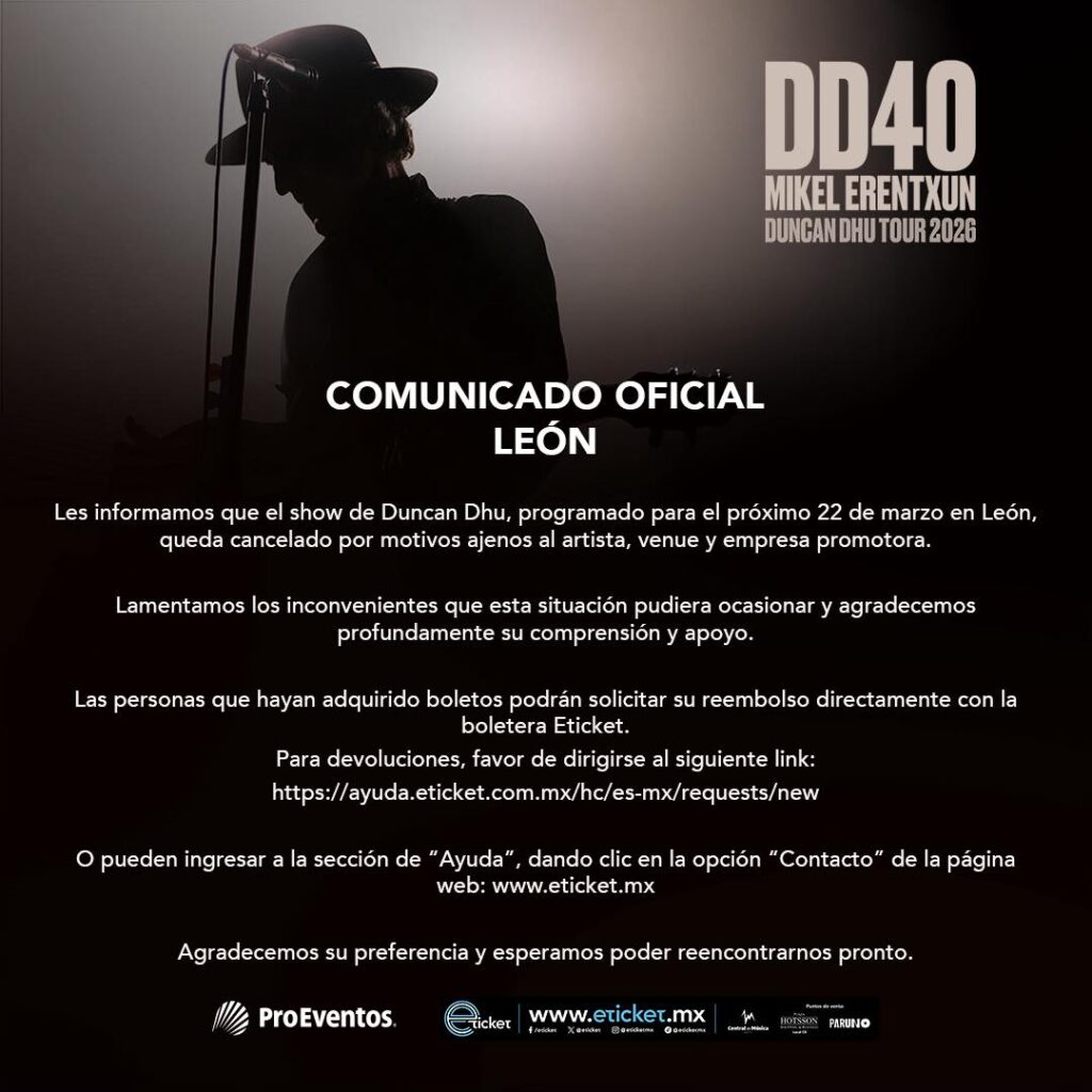 EVENTO CANCELADO MIKEL ERENTXUN DUNCAN DHU LEÓN 2026 FORO DEL LAGO