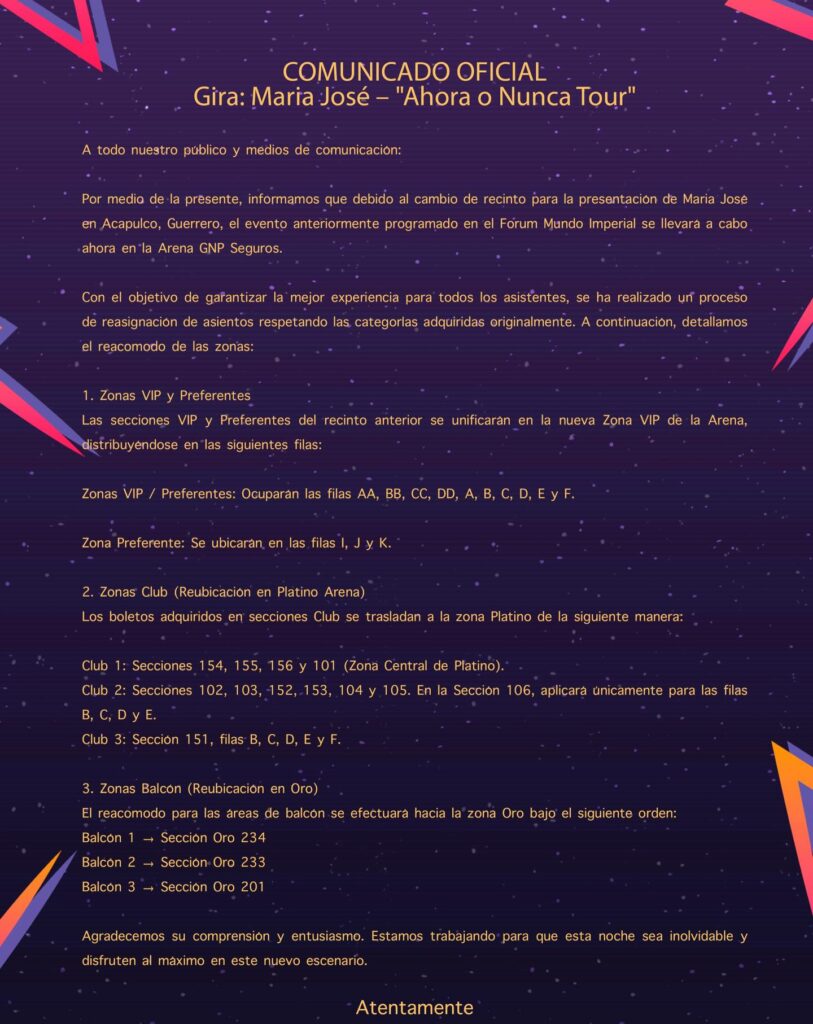 CAMBIO DE RECINTO MARÍA JOSÉ ACAPULCO 2026 ARENA GNP SEGUROS