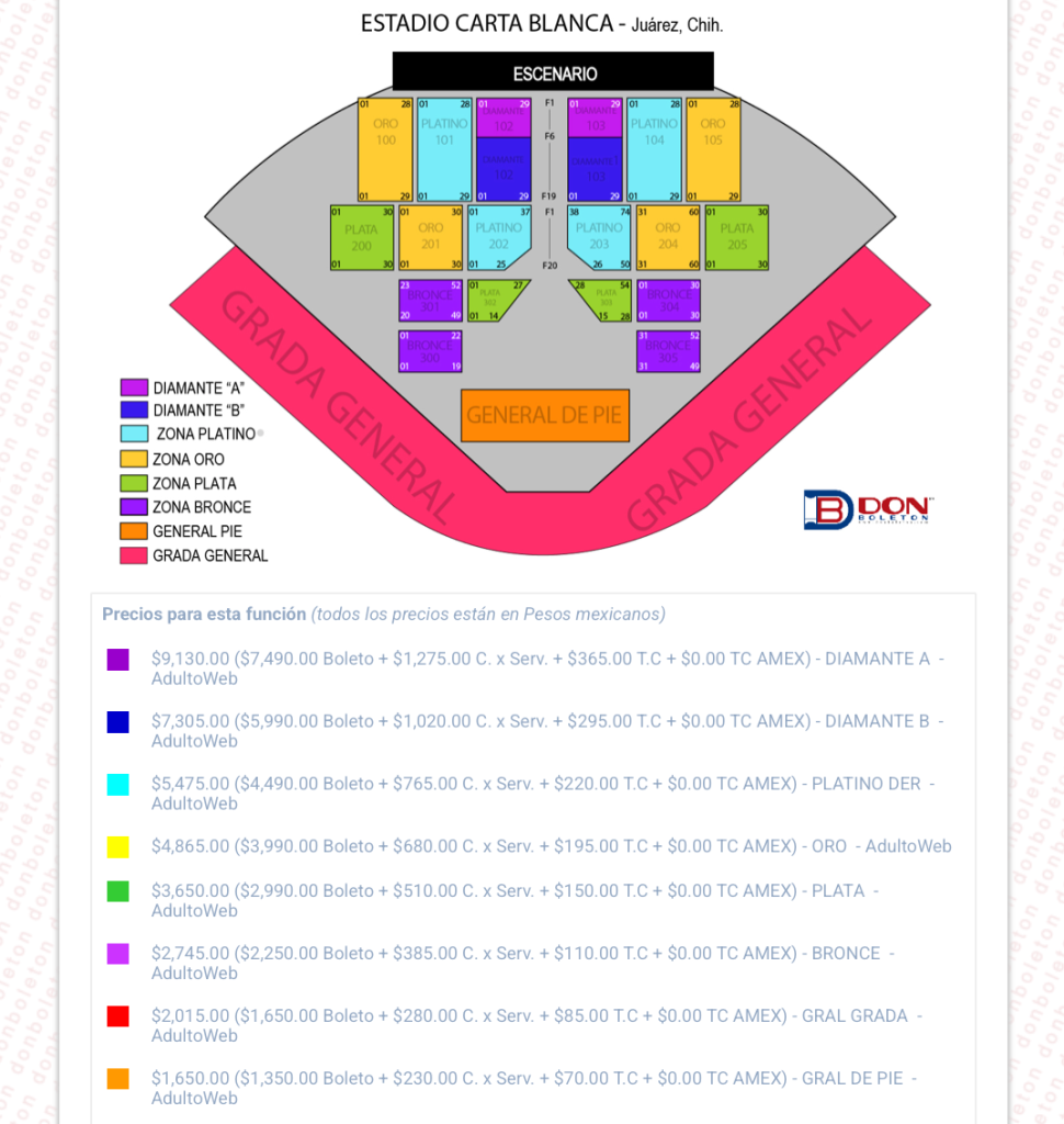 MAPA DE PRECIOS CHAYANNE CIUDAD JUÁREZ 2026 ESTADIO CARTA BLANCA
