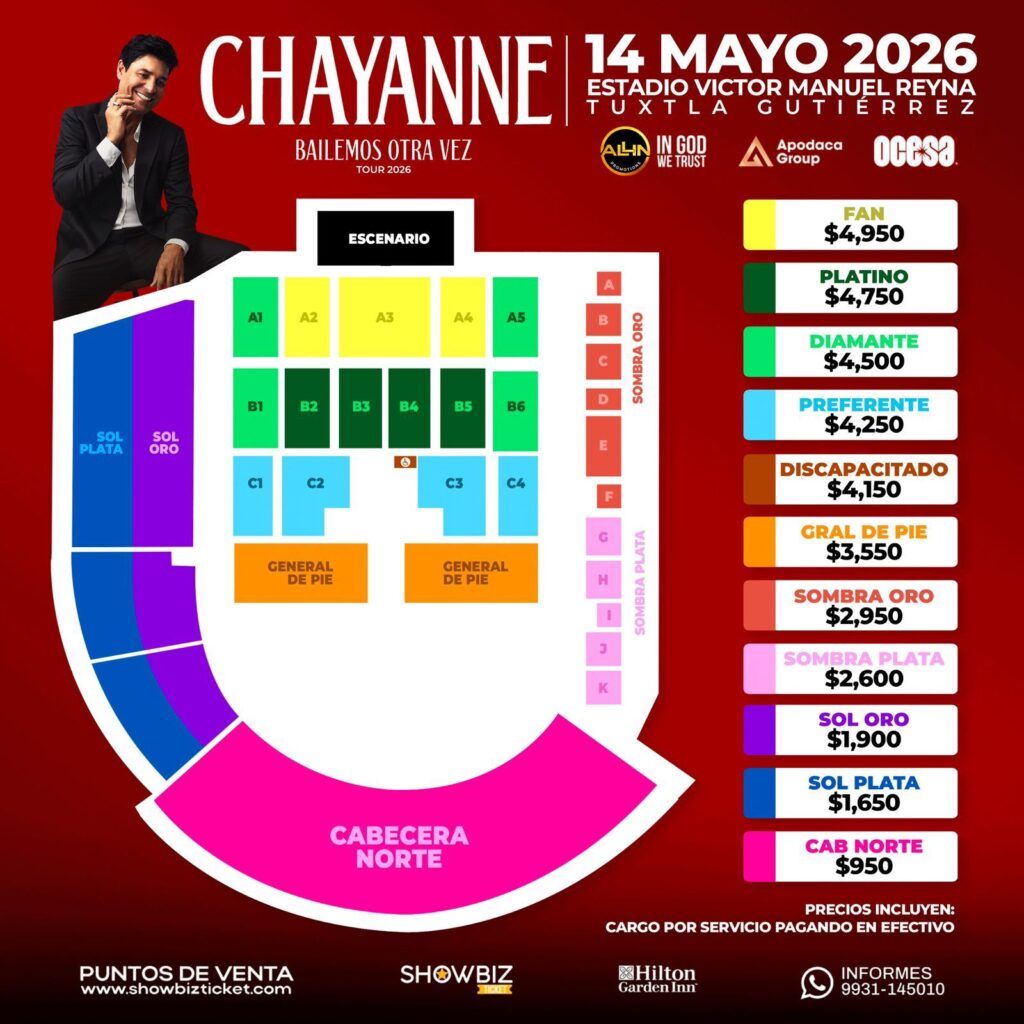 MAPA DE PRECIOS CHAYANNE TUXTLA GUTIÉRREZ 2026 ESTADIO VÍCTOR MANUEL REYNA