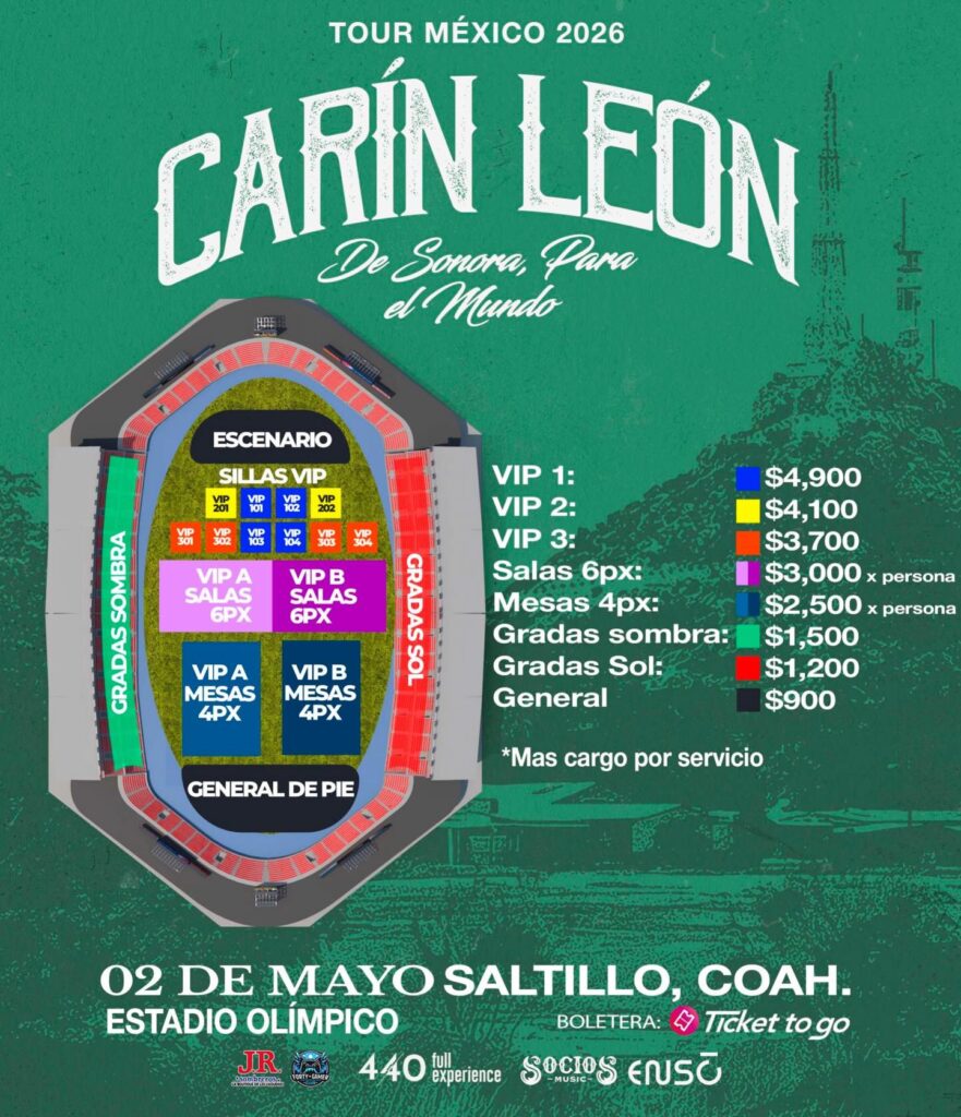 MAPA DE PRECIOS CARIN LEÓN SALTILLO 2026 ESTADIO OLÍMPICO