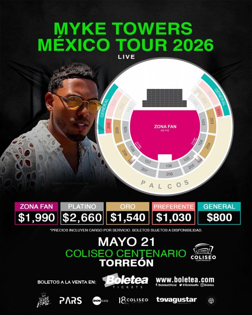 MAPA DE PRECIOS MYKE TOWERS TORREÓN 2026 COLISEO CENTENARIO