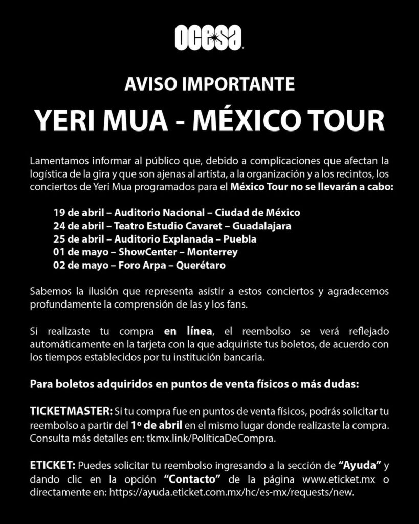 CANCELACION GIRA YERI MUA MEXICO 2026