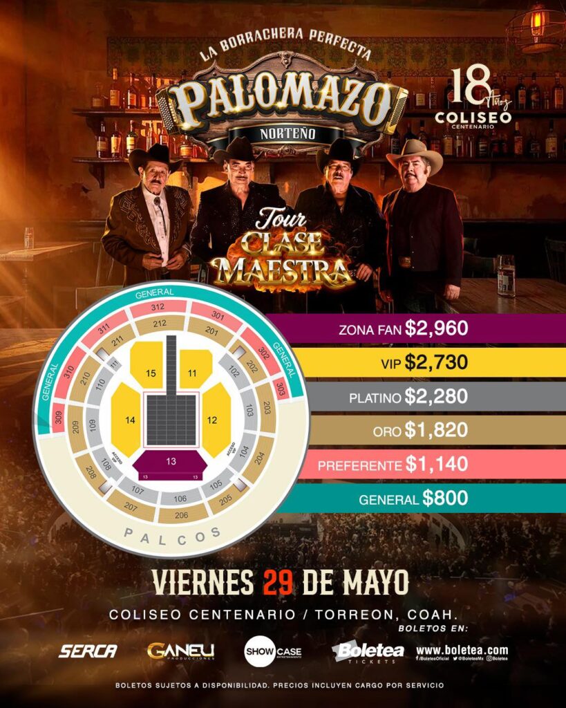 MAPA DE PRECIOS PALOMAZO NORTEÑO TORREÓN 2026 COLISEO CENTENARIO