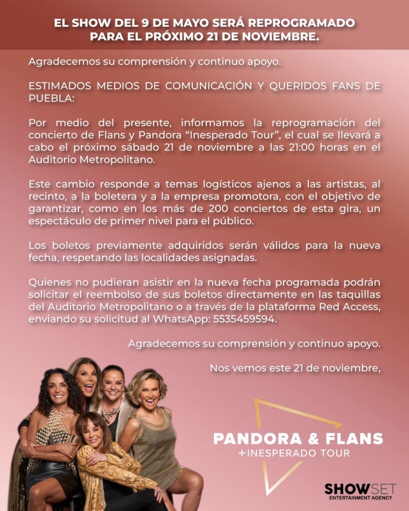 NUEVA FECHA PANDORA Y FLANS PUEBLA 2026 AUDITORIO METROPOLITANO