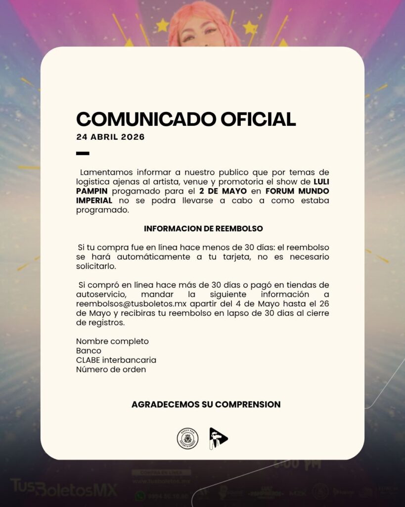 EVENTO CANCELADO LULI PAMPIN ACAPULCO 2026 FORUM MUNDO IMPERIAL