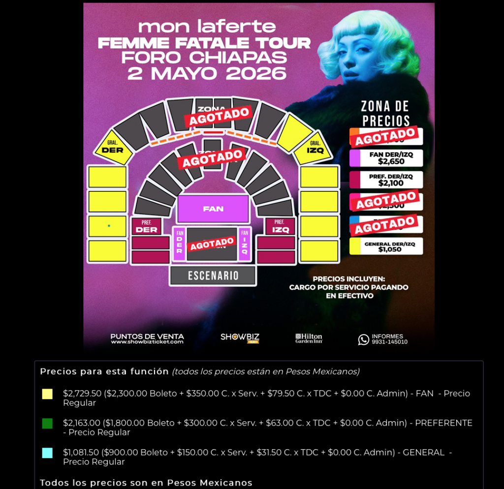 MAPA DE PRECIOS MON LAFERTE TUXTLA GUTIÉRREZ 2026 FORO CHIAPAS