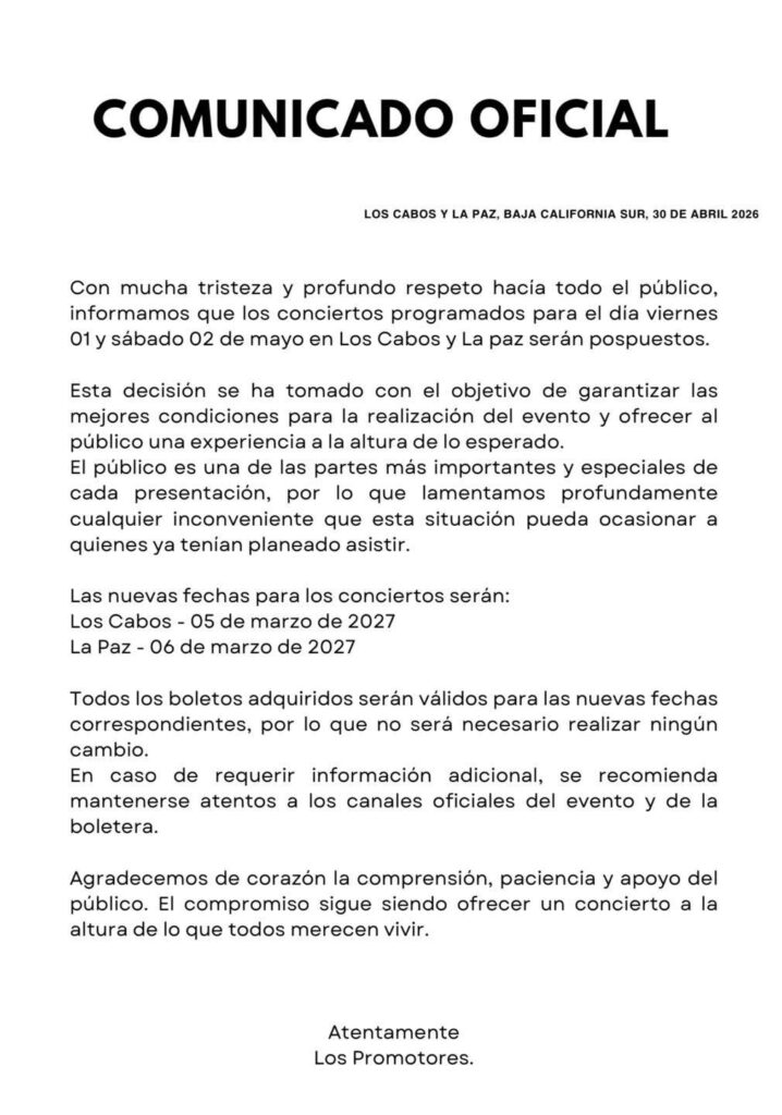 EVENTO POSPUESTO KANY GARCIA LOS CABOS Y La Paz 2026