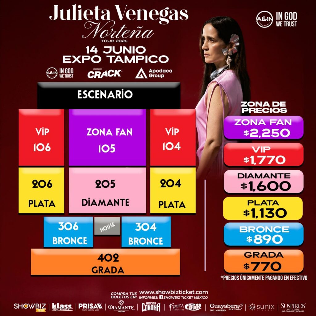 MAPA DE PRECIOS JULIETA VENEGAS TAMPICO 2026 EXPO TAMPICO