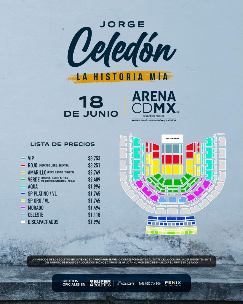 MAPA DE PRECIOS JORGE CELEDÓN ARENA CDMX 2026