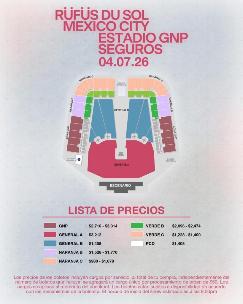 MAPA DE PRECIOS RUFUS DU SOL CDMX 2026 ESTADIO GNP SEGUROS