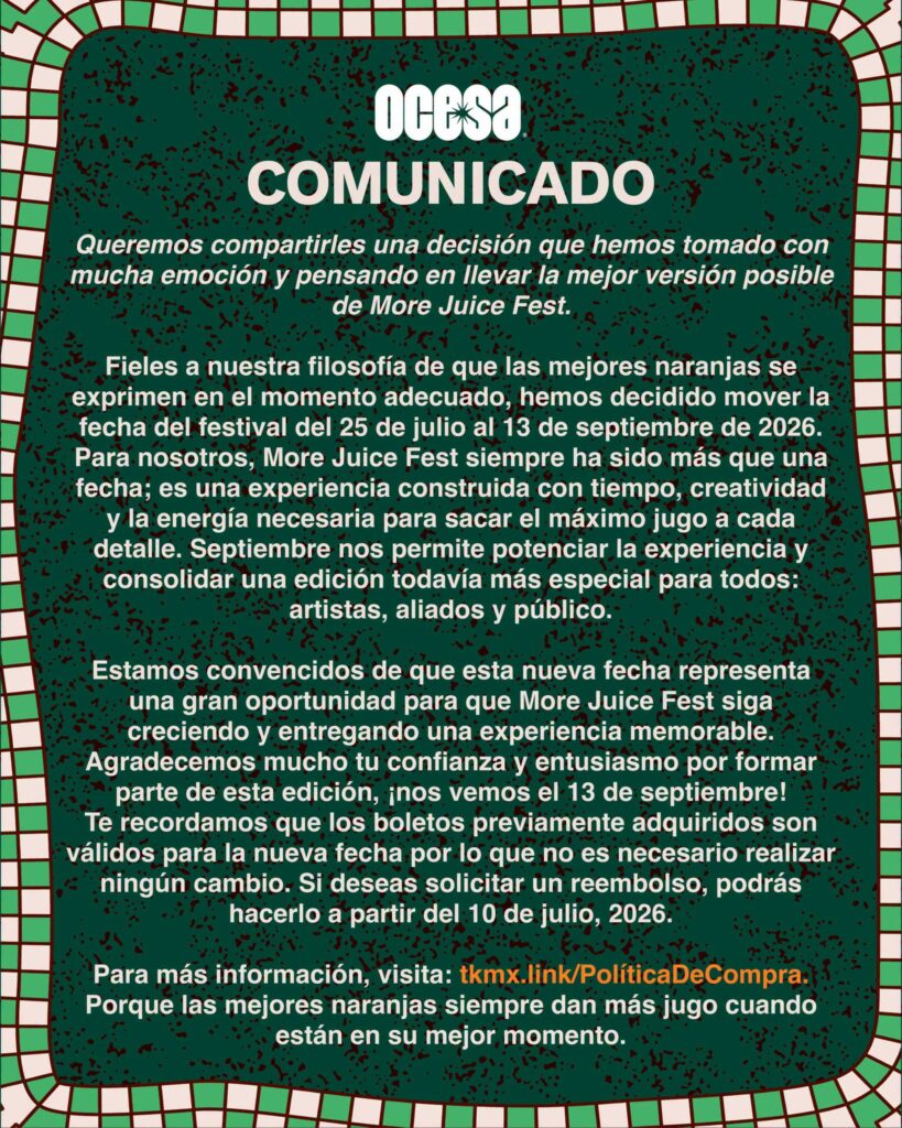 NUEVA FECHA MORE JUICE FEST CDMX 2026 PEPSI CENTER