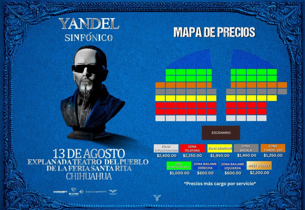 MAPA DE PRECIOS YANDEL SINFÓNICO CHIHUAHUA 2026 EXPLANADA TEATRO DEL PUEBLO