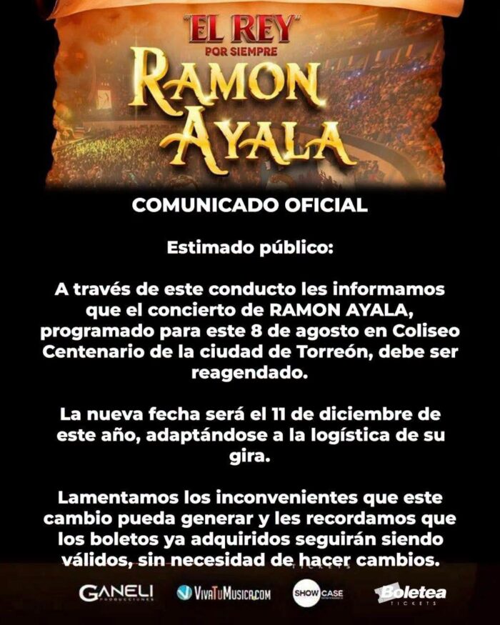 NUEVA FECHA RAMON AYALA TORREÓN 2026 COLISEO CENTENARIO