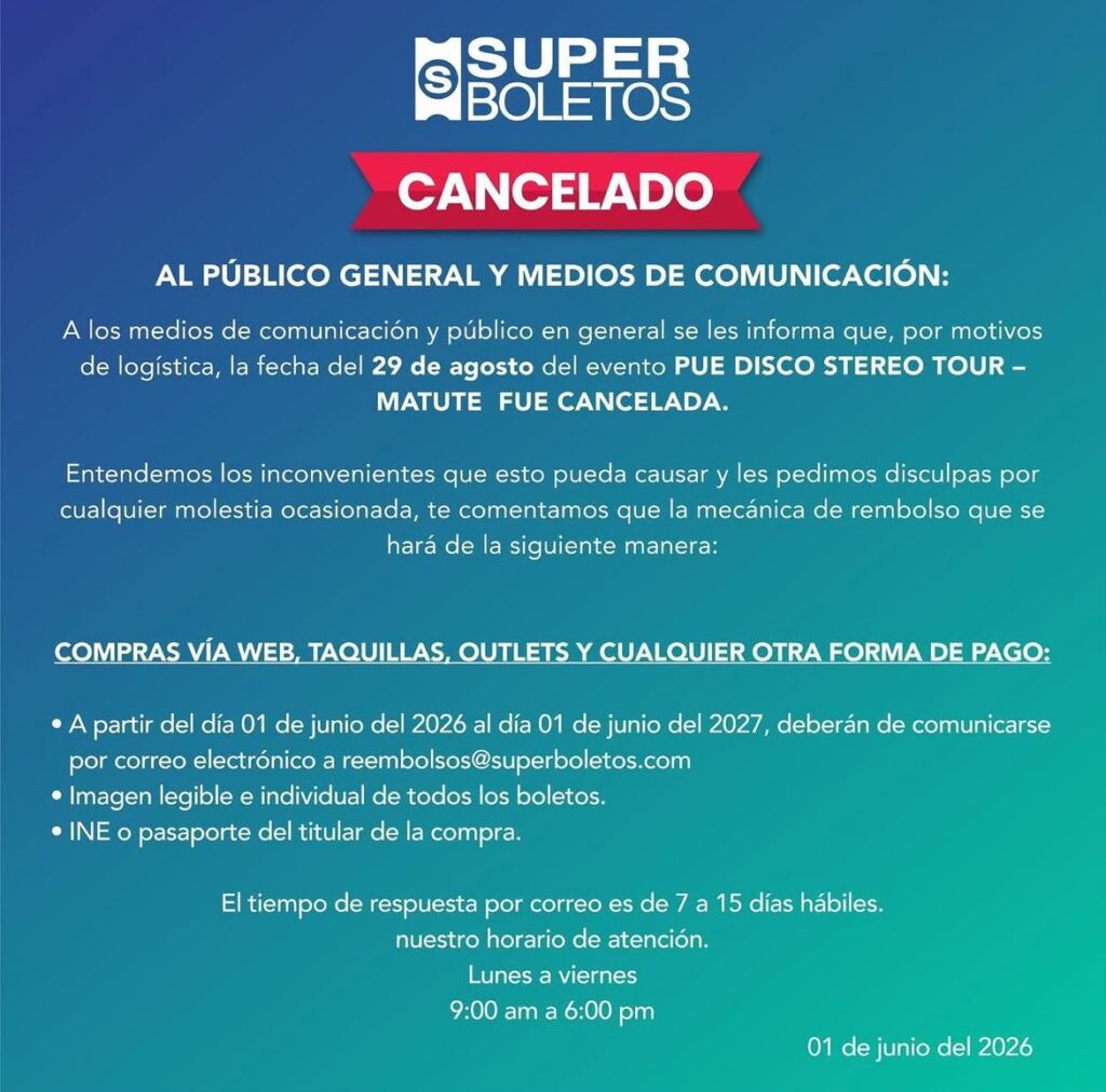 EVENTO CANCELADO MATUTE PUEBLA 2026 AUDITORIO METROPOLITANO