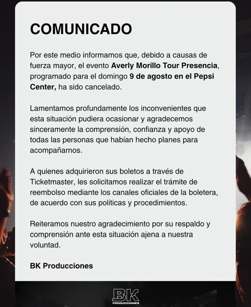 EVENTO CANCELADO AVERLY MORILLO CDMX 2026 PEPSI CENTER