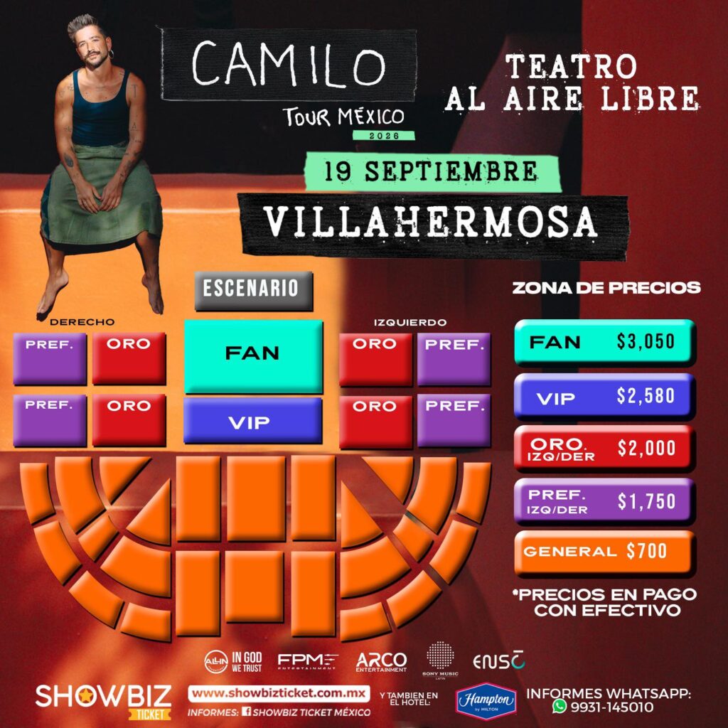 MAPA DE PRECIOS CAMILO VILLAHERMOSA 2026 TEATRO AL AIRE LIBRE PARQUE TABASCO
