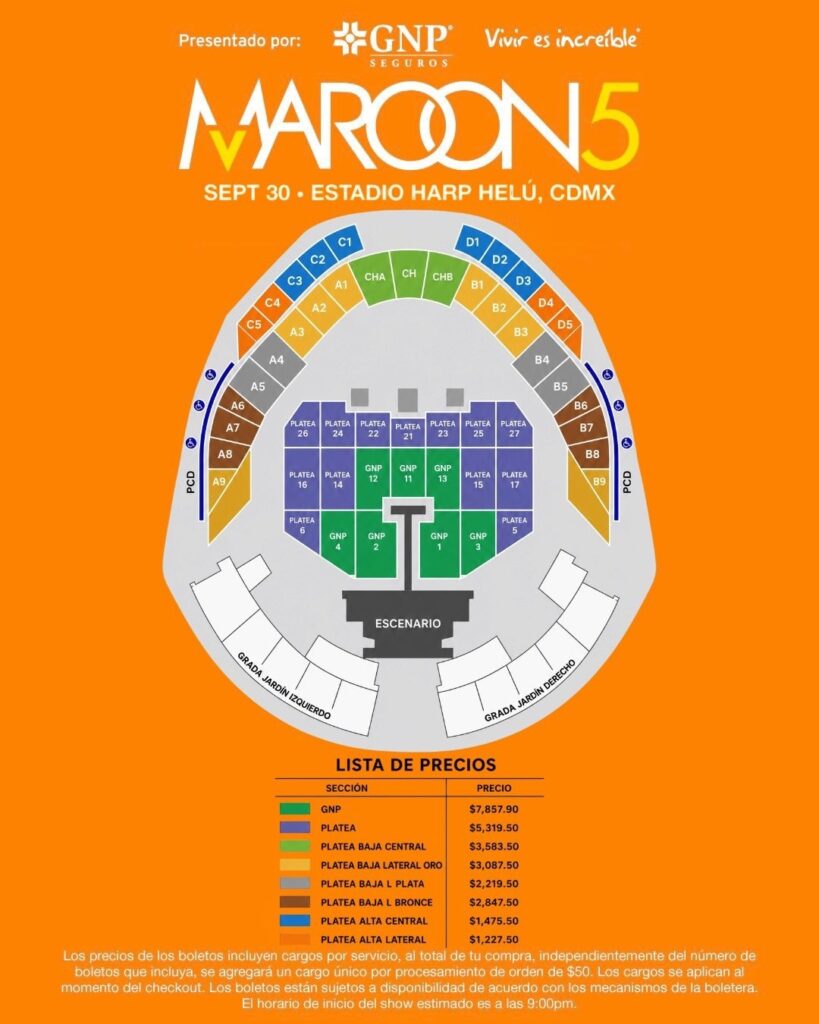 mapa de precios MAROON 5 CDMX 2026 ESTADIO HARP HELÚ