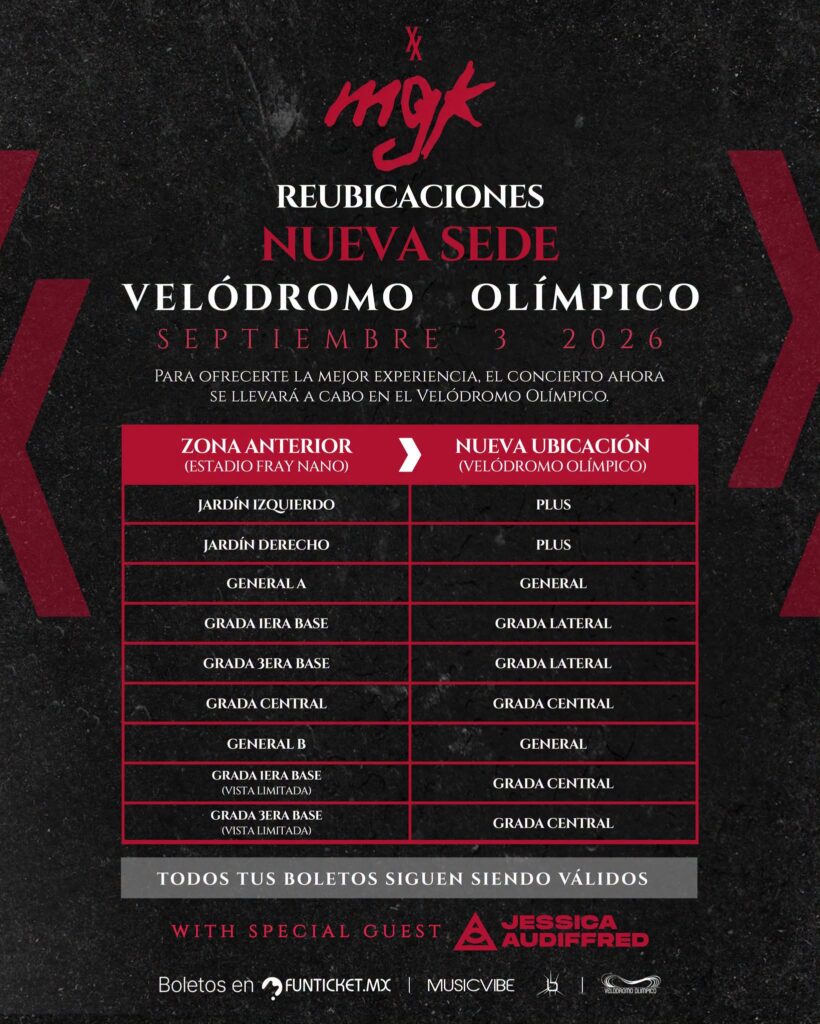 CAMBIO DE RECINTO MACHINE GUN KELLY CDMX 2026 VELÓDROMO OLÍMPICO