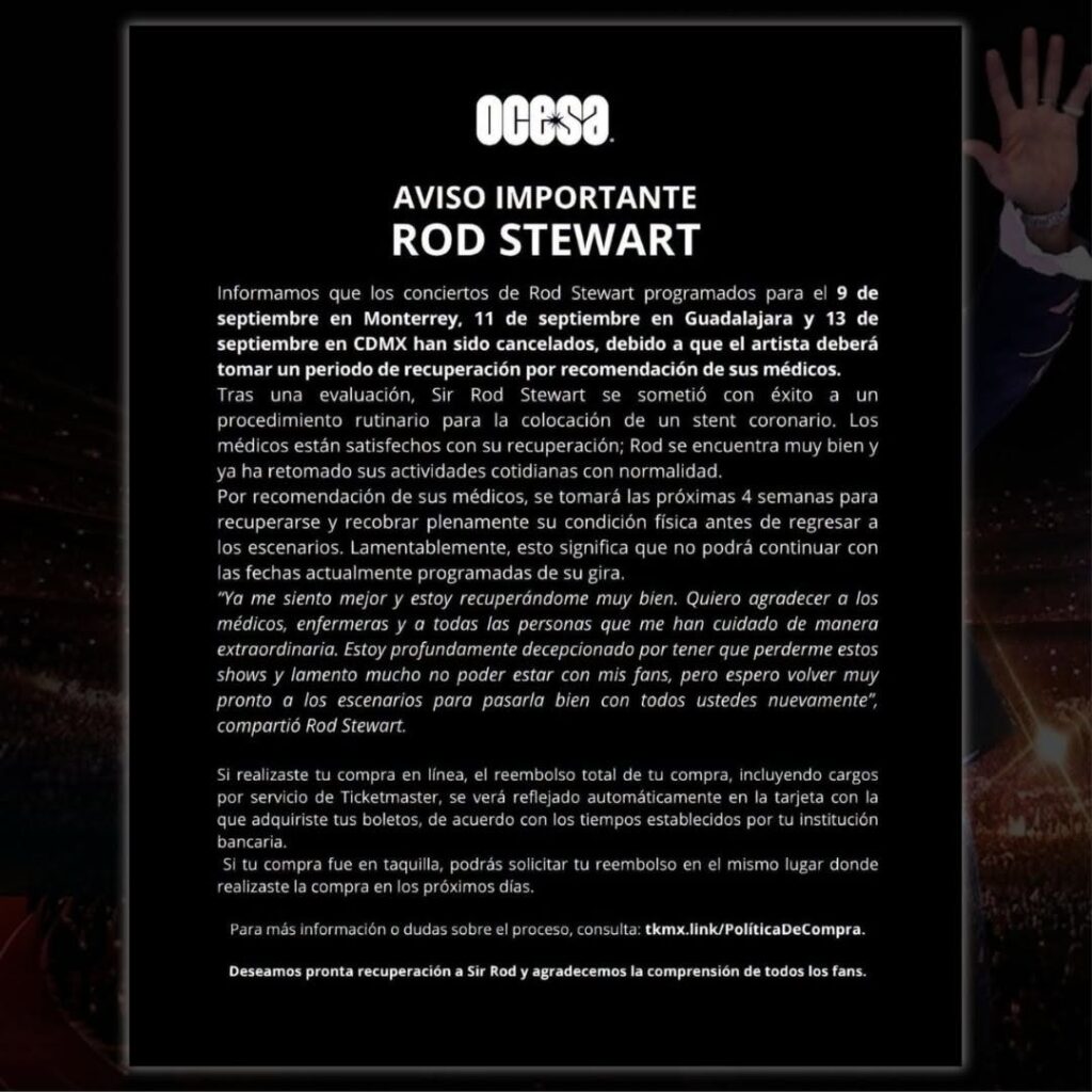 EVENTO CANCELADO ROD STEWART CDMX 2026 PALACIO DE LOS DEPORTES