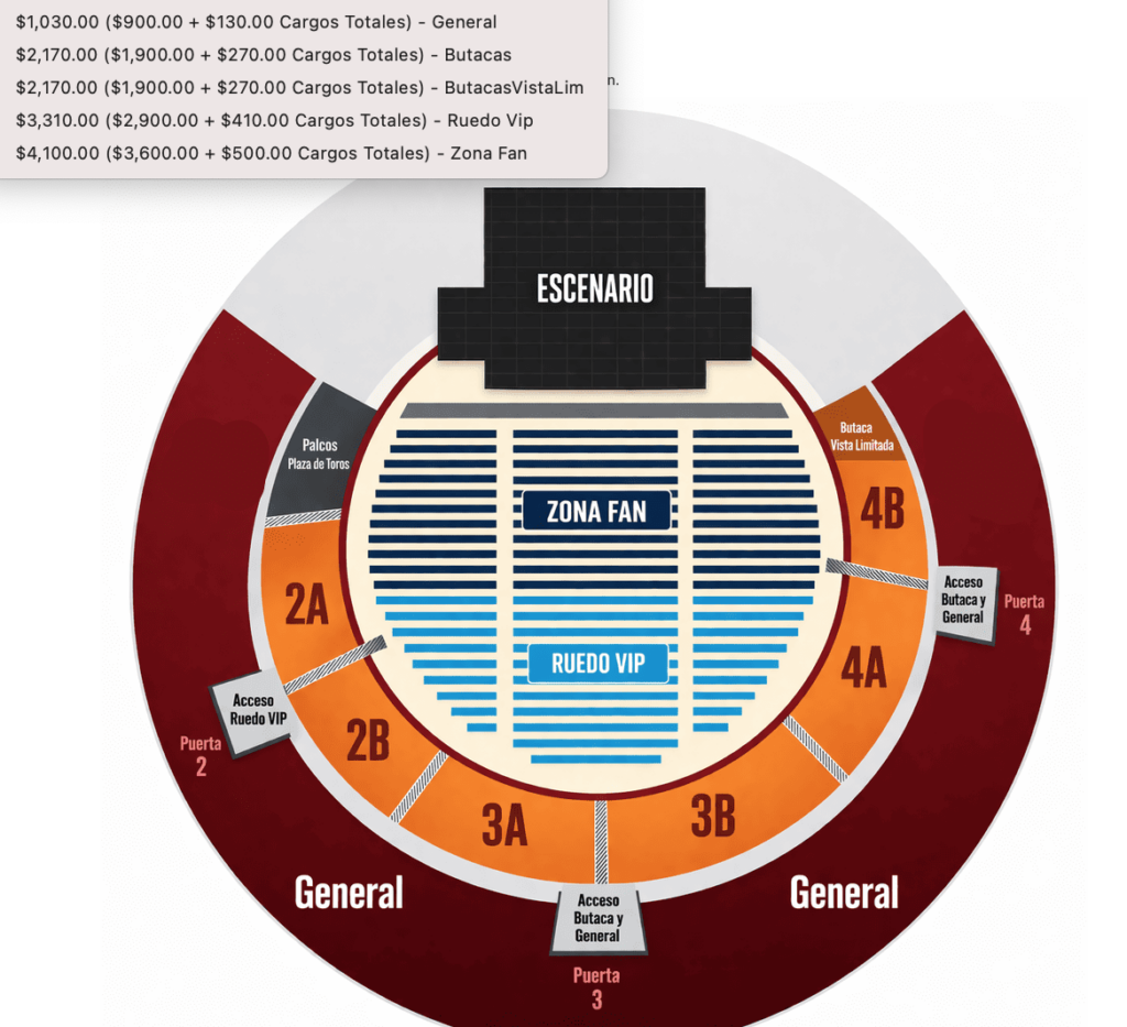 MAPA DE PRECIOS CAMILO CANCÚN 2026 PLAZA DE TOROS