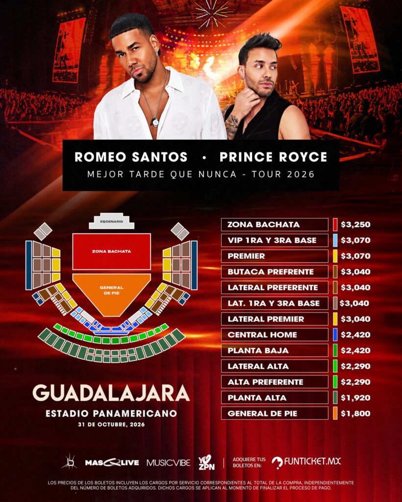 MAPA DE PRECIOS ROMEO SANTOS Y PRINCE ROYCE GUADALAJARA 2026 ESTADIO PANAMERICANO