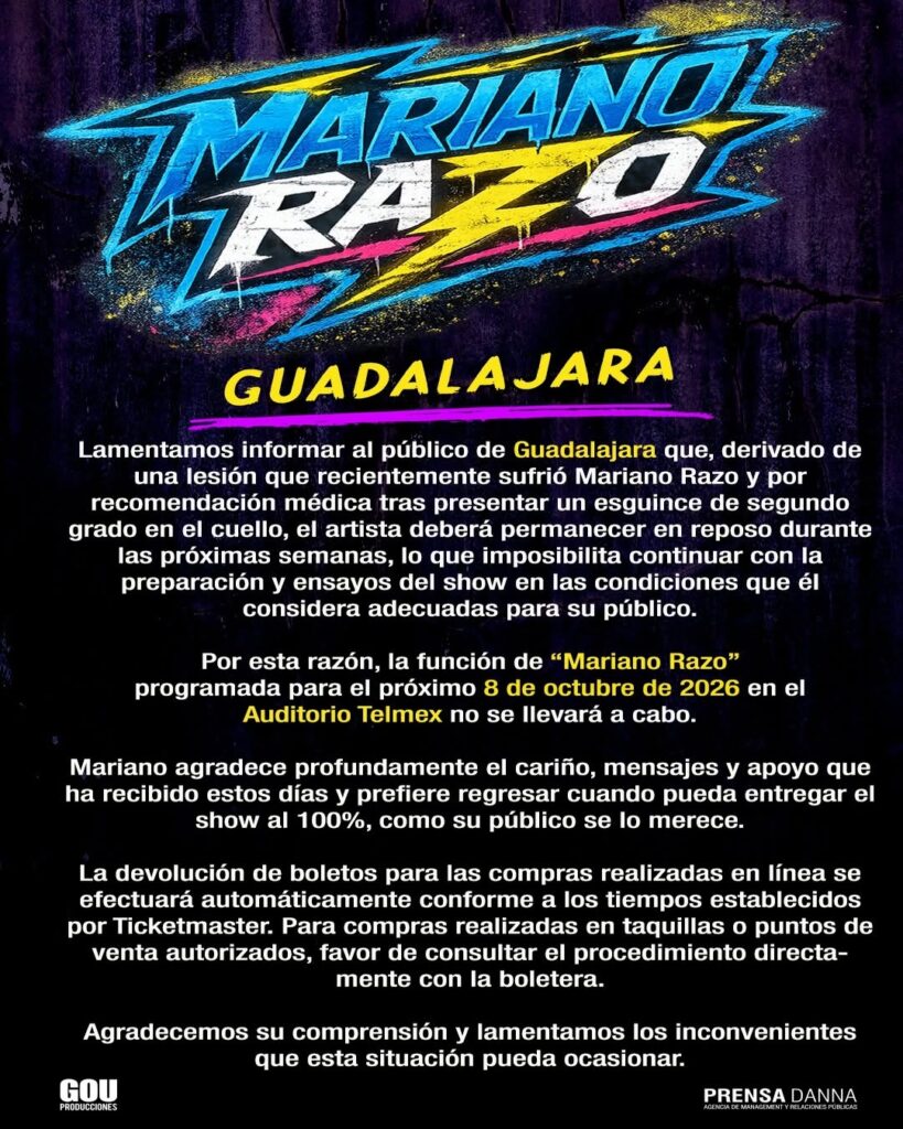 EVENTO CANCELADO MARIANO RAZO GUADALAJARA 2026 AUDITORIO TELMEX