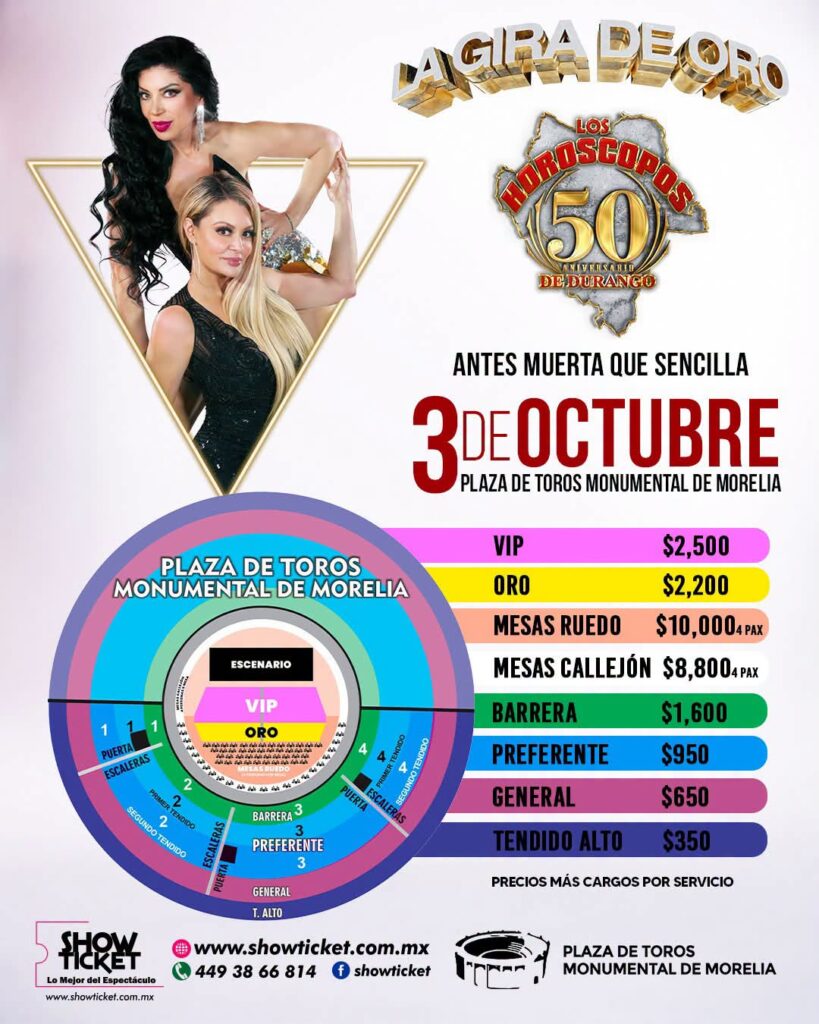 MAPA DE PRECIOS LOS HORÓSCOPOS DE DURANGO MORELIA 2026 PLAZA DE TOROS MONUMENTAL