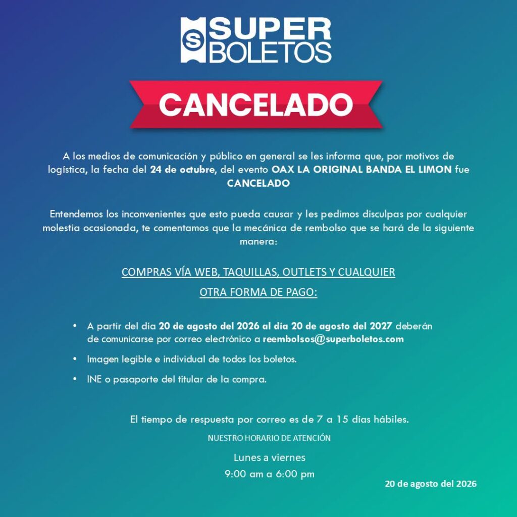 EVENTO CANCELADO LA ORIGINAL BANDA EL LIMÓN OAXACA 2026 AUDITORIO GUELAGUETZA