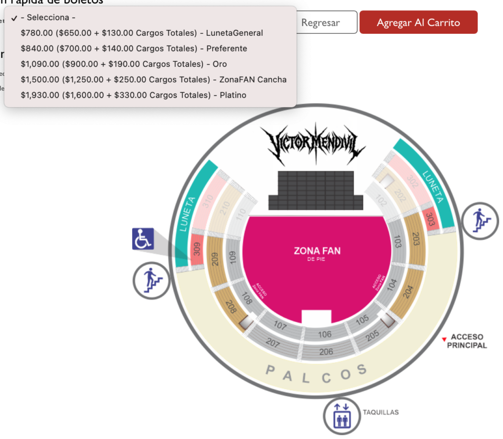 MAPA DE PRECIOS VICTOR MENDIVIL TORREÓN 2026 COLISEO CENTENARIO