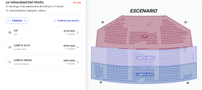 MAPA DE PRECIOS LA VELOCIDAD DEL OTOÑO GUADALAJARA 2026 TEATRO GALERÍAS