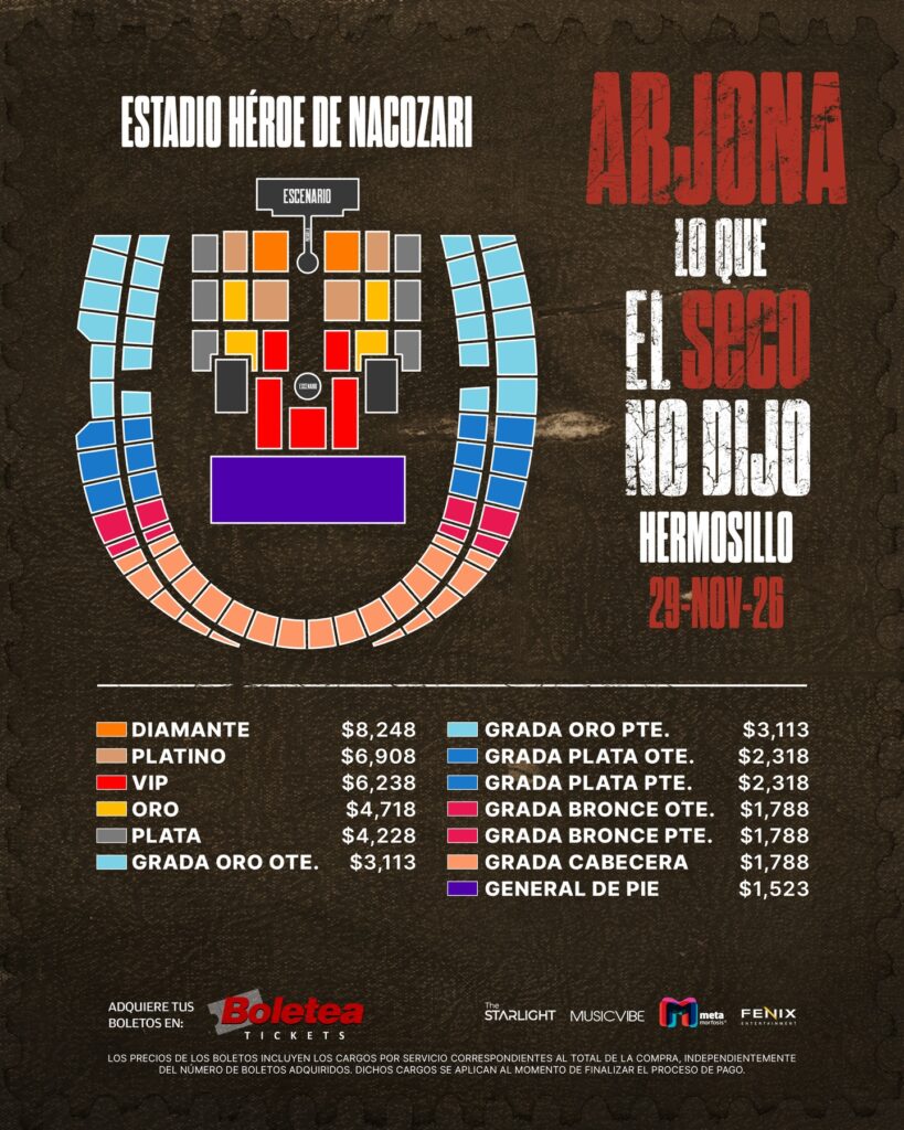 MAPA DE PRECIOS ARJONA HERMOSILLO 2026 ESTADIO HÉROE DE NACOZARI